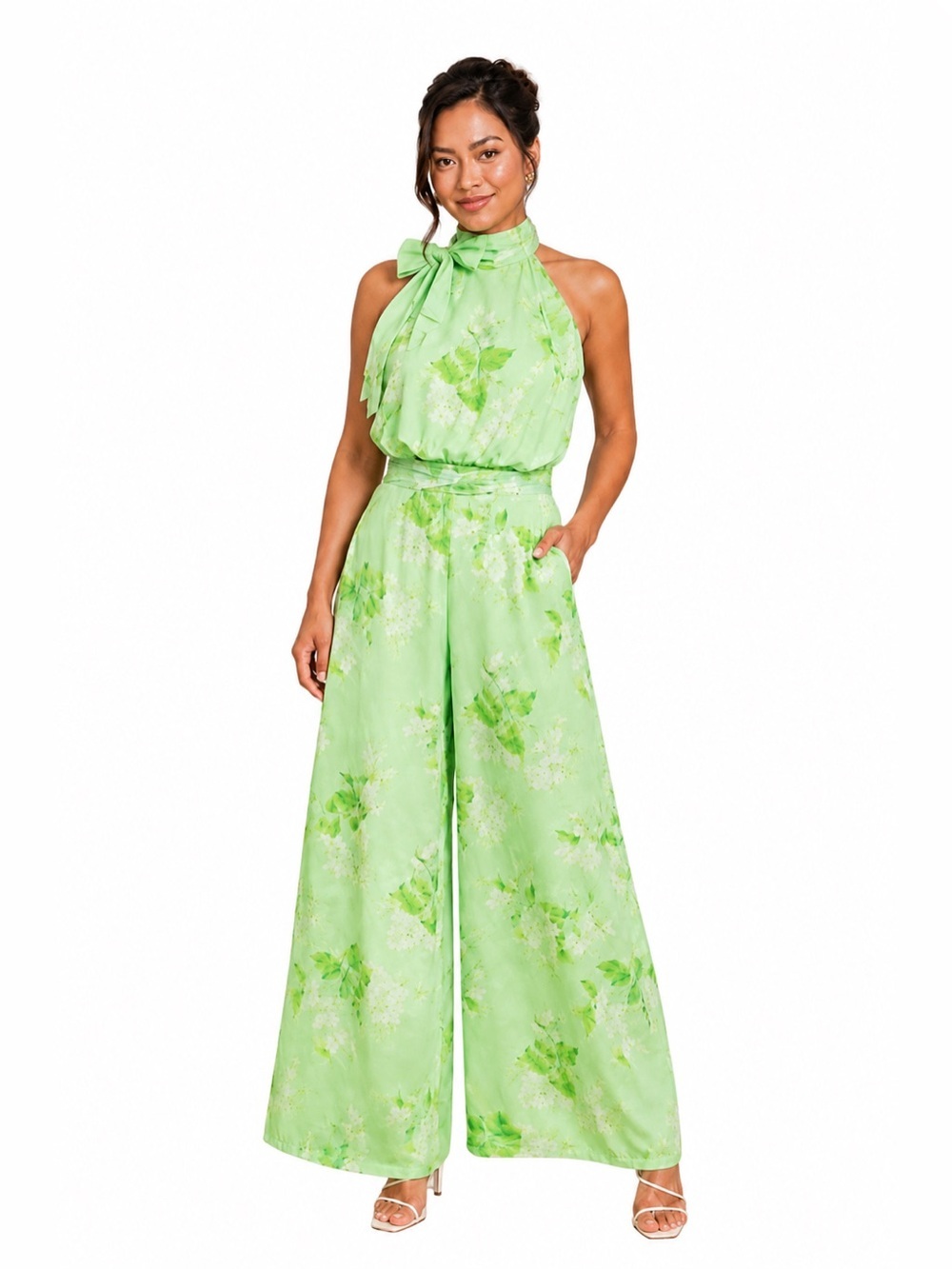 NWOT AW Bridal SZ6 Green/white floral halter style jumpsuit/bust 36”